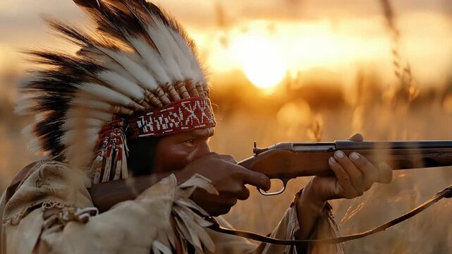 Indigenous man aiming rifle, wearing traditional feathered headdress, depicting ancient hunter culture, ancestral wisdom, and focused determination within golden hour grassland.