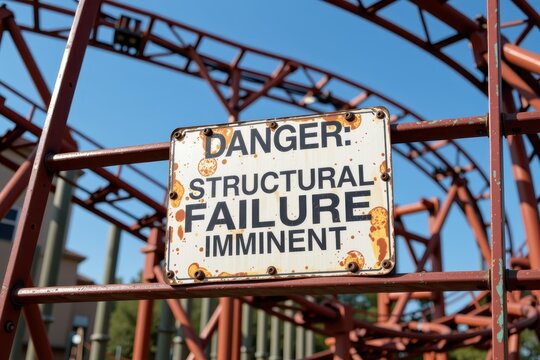 A rusty sign at an abandoned amusement park on a roller coaster structure reading: "DANGER: STRUCTURAL FAILURE IMMINENT."