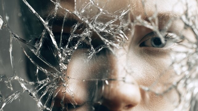 A portrait of a person seen through cracked glass, conveying a sense of fragmentation and inner turmoil. The person's eyes hold a mixture of curiosity and a deep introspective look