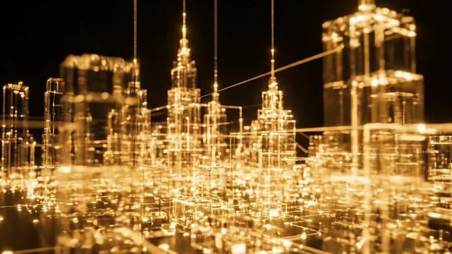 Cinematic Glowing Golden Light and Transparent Glass Smart City Model Constructing for Real Estate and PropTech Corporate Background