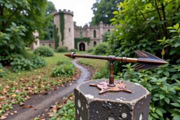 Fototapeta premium A heavily oxidized copper arrow mounted on a stone pedestal, pointing toward an overgrown, ruined castle.