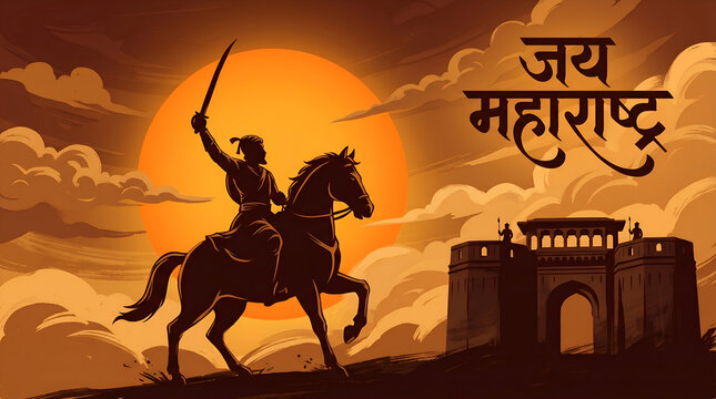 Calligraphy in Hindi Marathi &ldquo; Jai Maharashtra&rdquo;. Which translates as Maharashtra Day. Fort and Maratha warrior Shivaji Maharaj silhouette vector background template for social media banner