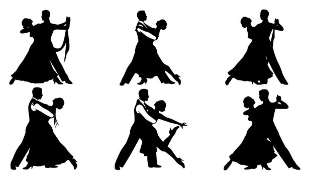 Couple dancing silhouette vector set ballroom waltz tango romantic dance illustration