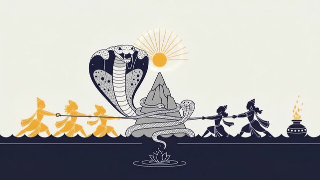 A stylized illustration of the Samudra manthan, the mythical churning of the cosmic ocean by gods and demons using Vasuki and Mount Mandara.