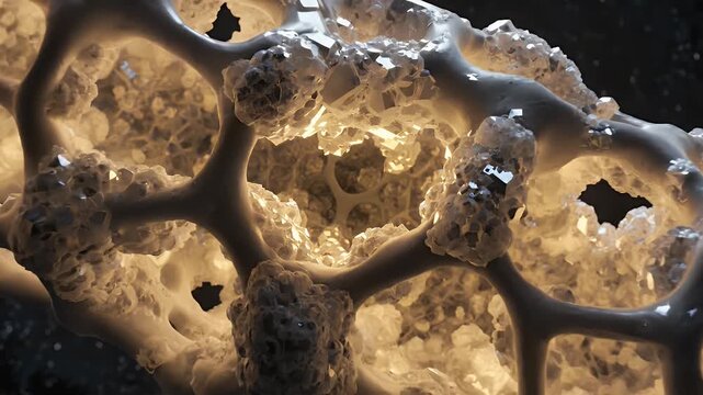 Intricate bone matrix structure with glowing blue cells inside and surrounding rough textured surface in realistic 3D render