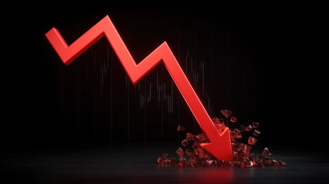 Red Arrow Symbolizing Decline and Impact of Falling or Dropping Elements on Ground in Abstract Design