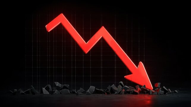 Red Downward Arrow Symbol Representing Decline and Negative Trends in Business, Economy, and Performance Metrics