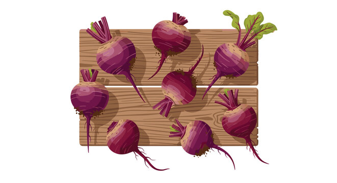 Several whole purple beets with short stems and earthy textures are scattered across a light brown wooden plank background with visible natural grain under warm light.