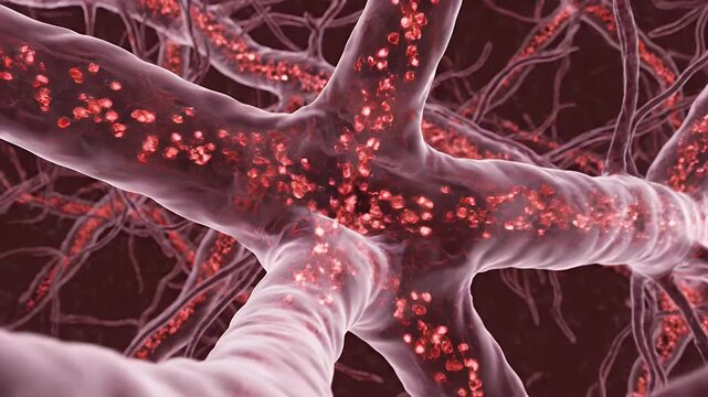 Intricate Red Microcirculation Network With Capillaries And Flowing Red Blood Cells Medical Animation 4K