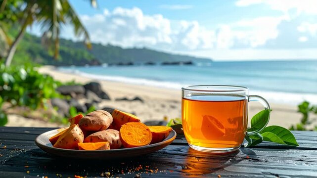 A glass of tea and sweet potatoes on a beach setting