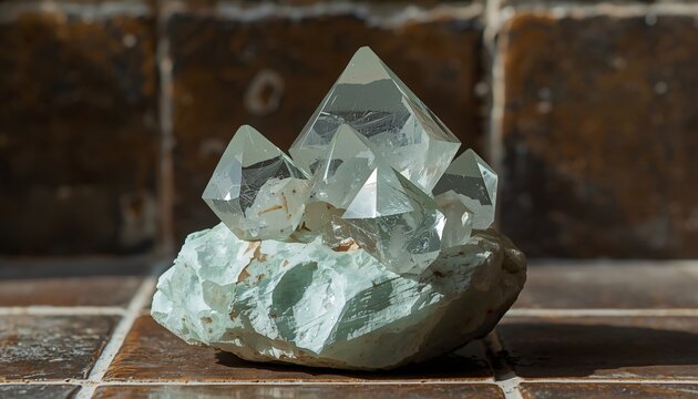 Clear Pyramid Apophyllite Crystals on Green Prehnite