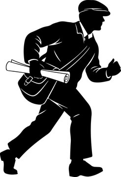 Vintage newsboy silhouette running with newspaper, retro paperboy delivery man vector illustration, classic 1920s style courier with satchel bag