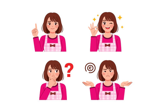 Set of Cartoon Woman in Apron Showing Different Facial Expressions and Gestures - Vector Illustration of Housewife Thinking, OK Sign, Idea, and Confusion