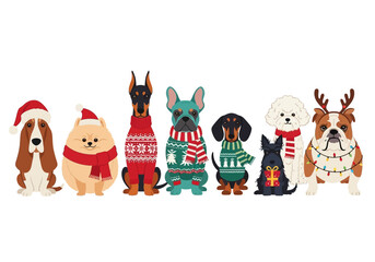 Fototapeta premium Group of Different Dog Breeds in Festive Christmas Outfits and Sweaters Illustration