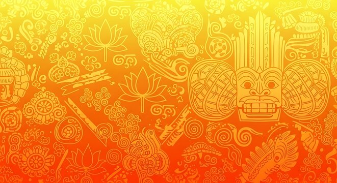 Sri Lankan Traditional Cultural Background with Ves Face Mask Lotus Flowers and Sinhala Patterns in Orange Gradient