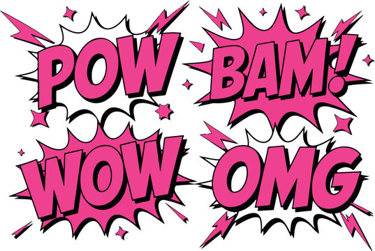 Retro comic book sound effect words POW BAM WOW OMG with explosion elements vector art.