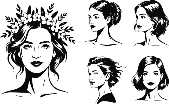 Five women portrait faces with braid updos