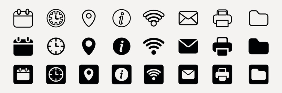 Vector icons set featuring calendar, clock, location, info, Wi-Fi, email, printer, and folder symbols.