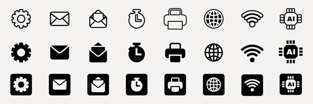 Vector icons set featuring technology symbols like gears, email, stopwatch, printer, globe, Wi-Fi, and AI chip.