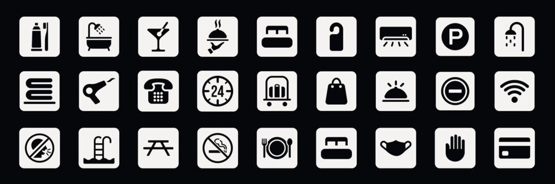 Hotel icons set with symbols for amenities like Wi-Fi, parking, pool, and room service. Includes icons for shower, towels, and dining. Perfect for hotel guides. User interface icon vector set.