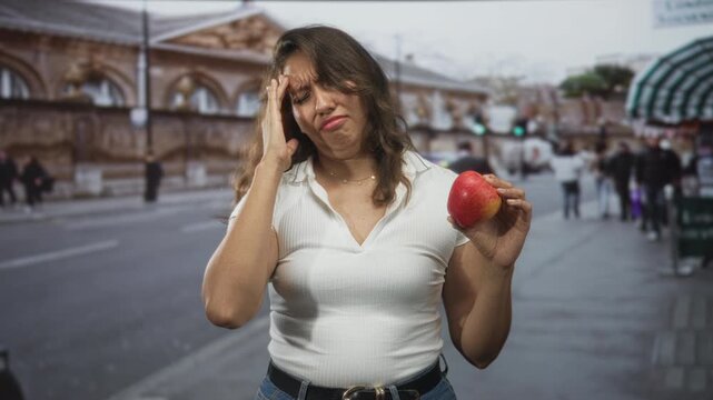 Woman holds a red apple and presses her temple with one hand in an obvious headache on a busy city street with traffic and market stalls; fatigue.