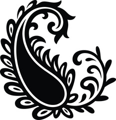 Fototapeta premium Traditional paisley motif silhouette with ornamental floral swirls for ethnic textile design wedding invitations and decorative eastern patterns.