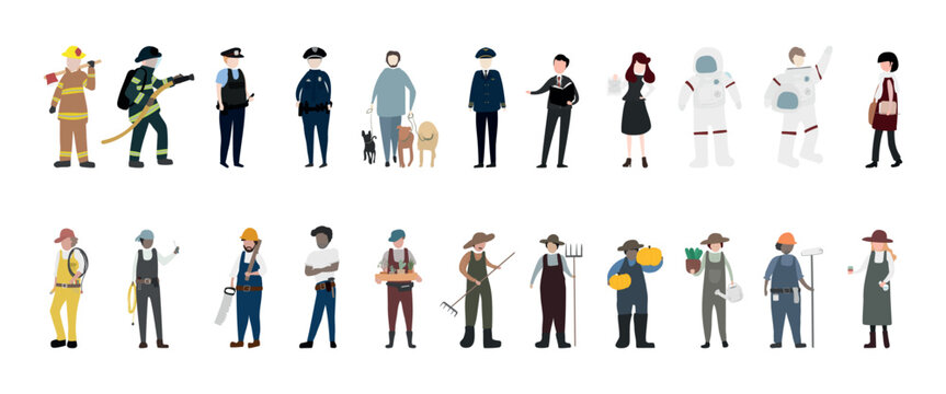 Illustration of diverse professions including firefighter, police, astronaut, farmer, and chef. Features various uniforms and tools representing each occupation. Element vector set.