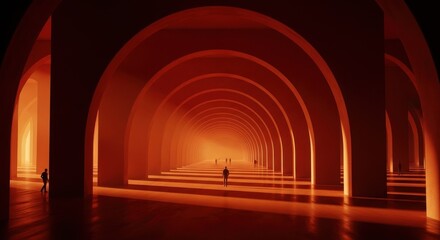 Fototapeta premium Endless glowing orange arches recede into the distance of a surreal tunnel, tiny human silhouettes walking slowly through the radiant hazy architecture