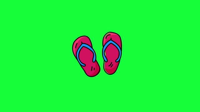 doodle animated cartoon flip flop sandals appearing as a pair on green screen and white background. Beach footwear loop animation, 4K, chroma key ready.