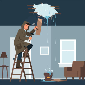 Man on a ladder fixing a major ceiling leak with a hammer and bucket in a house