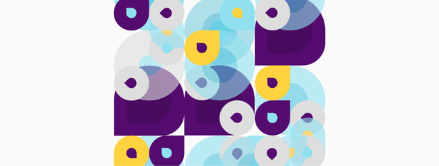 Fototapeta premium Abstract composition featuring overlapping circles, squares, rectangles. Purple, light blue, yellow hues dominate white background. Modern design.