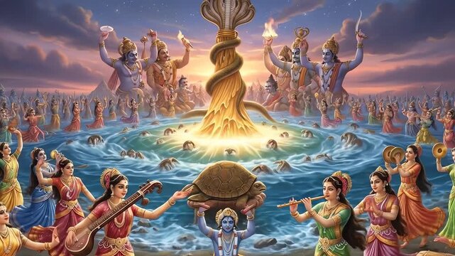 A vibrant depiction of the Samudra Manthan, the Hindu myth of the churning of the cosmic ocean, with deities and celestial beings involved in the creation of Amrita.