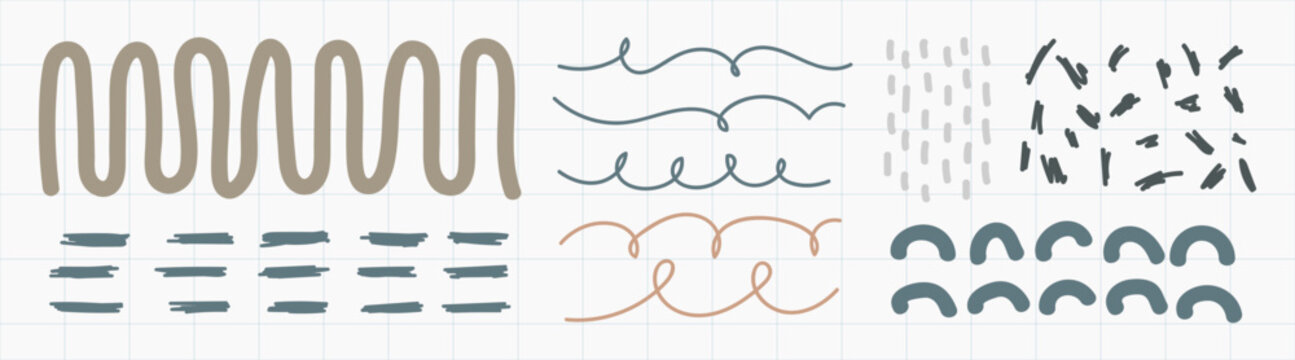 Abstract pattern set with wavy, curved, and dashed lines. Wavy, curved, and dashed designs create a dynamic look. Ideal for wavy, curved, and dashed themes. Doodle illustrations, vector set.