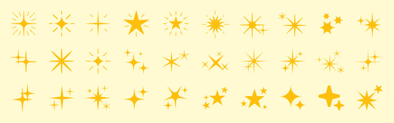 Obraz premium Yellow star icons in various styles. Star icons with diverse shapes. Collection of star icons in a bright yellow palette. Isolated illustration elements, vector set.