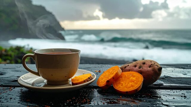 Steaming drink and sweet potatoes on a wooden table, ocean background