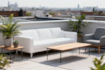 Fototapeta premium Blur image of a Elegant rooftop terrace with contemporary design, cozy seating, and greenery, perfect for summer relaxation and luxury living.