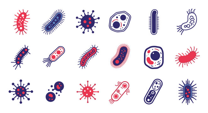 Diverse collection of bacteria virus and cell icons in blue and red colors for science and medical health education concepts.