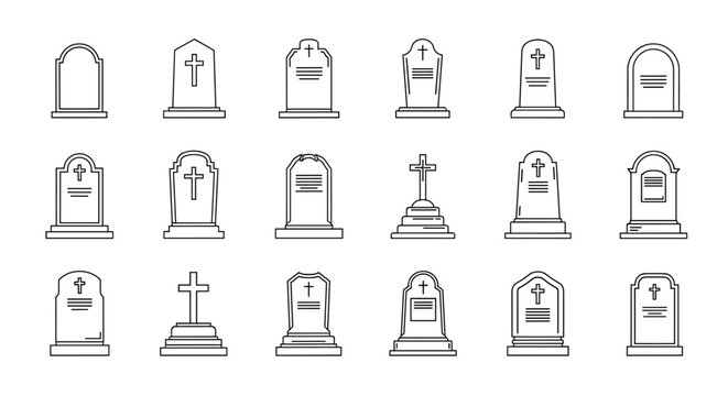 Set of black and white line art icons of various gravestones and crosses for cemetery and memorial design elements.