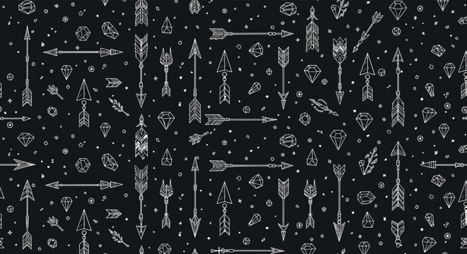 Intricate seamless pattern of white line drawn arrows and crystalline gems on a dark background for tribal and mystic themes.