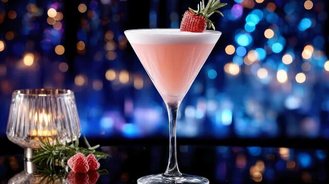 Vibrant pink beverage in an elegant stemmed glass, garnished with fresh strawberry and aromatic rosemary, creating a sophisticated and festive evening atmosphere with sparkling bokeh lights