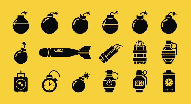Silhouette icons of various explosives including classic round bombs torpedoes dynamite sticks and grenades on a vibrant yellow background.
