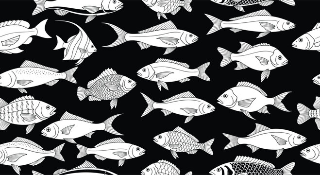 Seamless repeating pattern of various fish species in white silhouette on a black background perfect for seafood branding or aquatic decor.