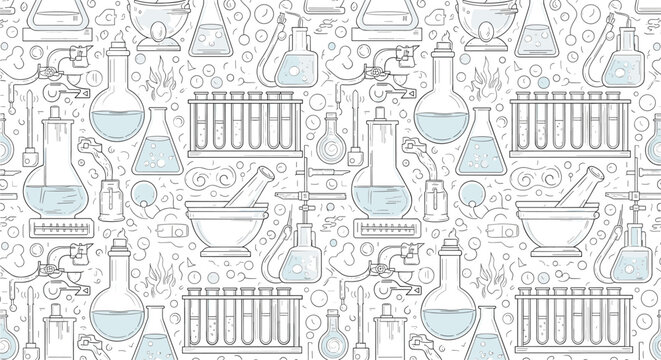 Continuous pattern of laboratory glassware including beakers flasks and test tubes filled with blue liquid for science and chemistry themes.
