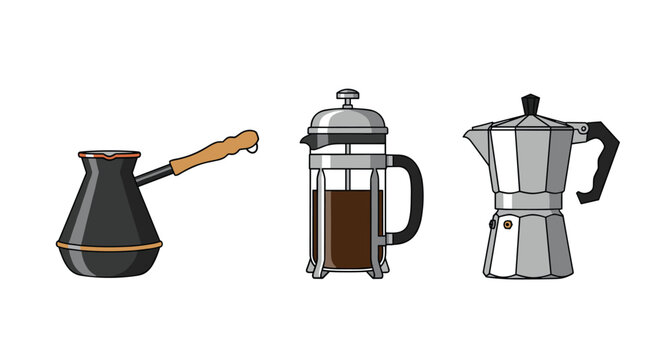 Selection of traditional coffee brewing equipment including a turkish cezve a glass french press and a classic silver stovetop moka pot.