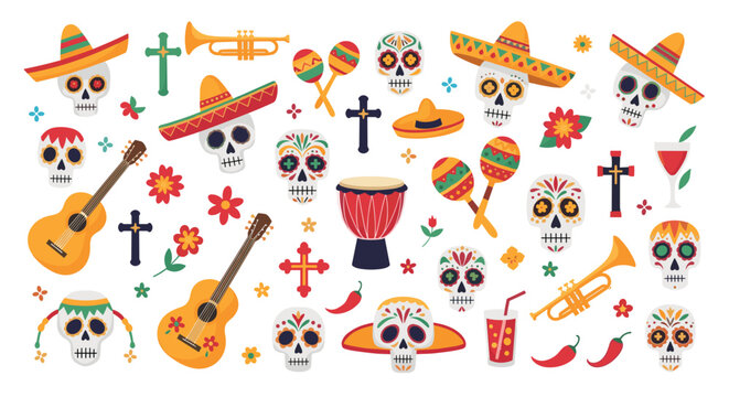 Colorful collection of day of the dead elements featuring sugar skulls marigolds guitars sombreros and traditional mexican holiday decorations.
