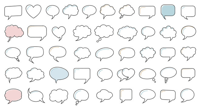 Comprehensive collection of speech and thought bubbles in many different shapes and colors for comics social media and web design elements.