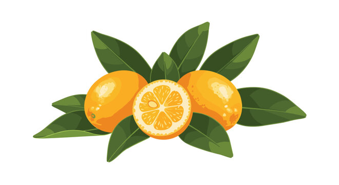 Branch of fresh kumquat fruits featuring whole small oranges along with a half slice showing pulp details and vibrant green leaves.