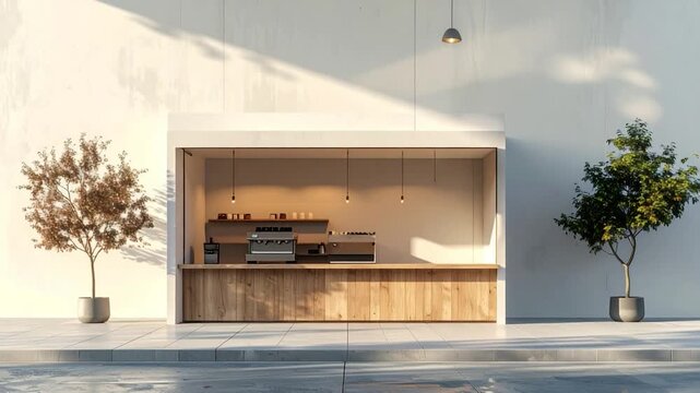 Minimalist coffee shop exterior features plants, wooden counter, and sunlight