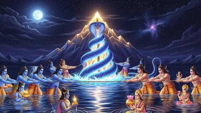 Vibrant depiction of Samudra Manthan, the mythical churning of the cosmic ocean by gods and demons using Mount Mandara and serpent Vasuki, under a moonlit sky.