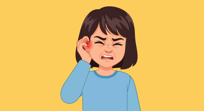Cartoon of a young girl with a painful earache against a flat yellow background